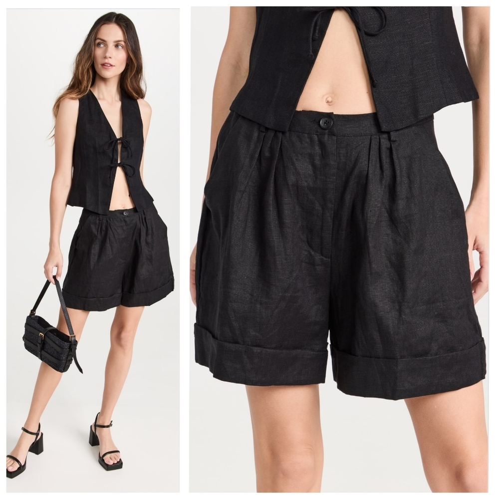Linen Relaxed Fit Cuffed NWT Black Size 4 Shorts Highrise